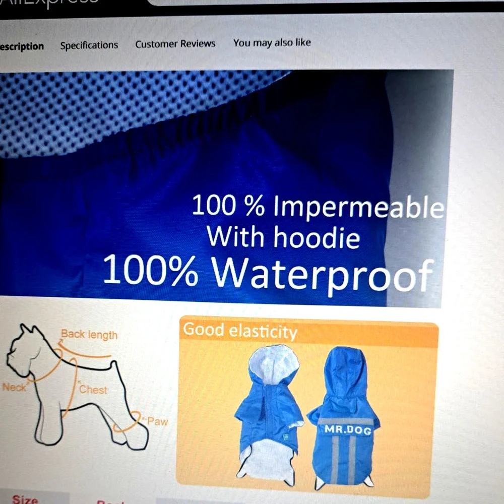 NIB-Sz L Dog Reflective Rain Jacket with Hood Blue White Gray MR DOG on back